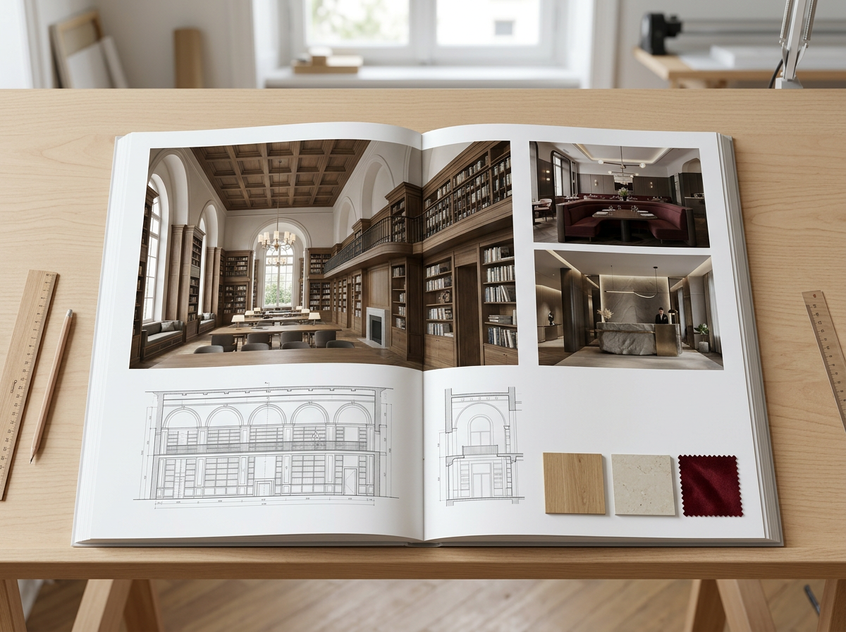 Planche de conception d’agencement sur mesure pour bibliothèque, restaurant et hôtel