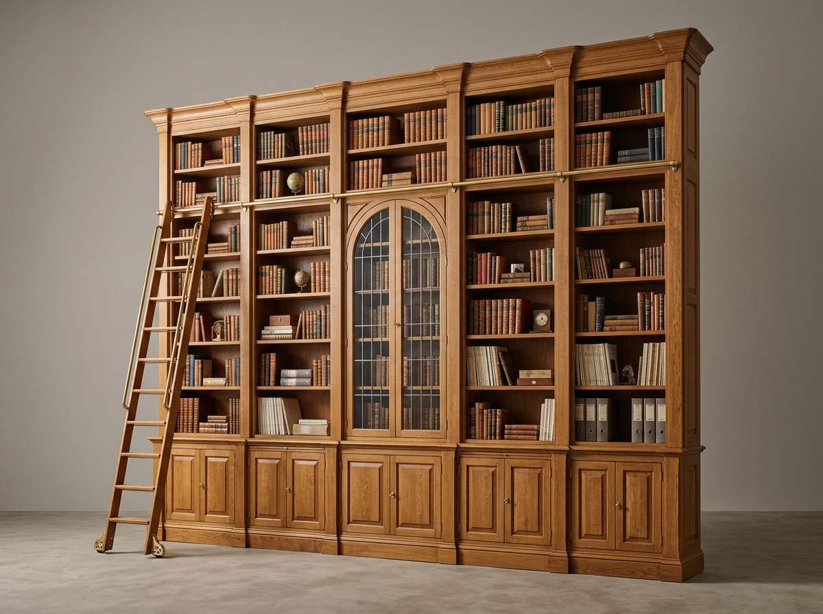 Grande bibliothèque universitaire en chêne avec vitrines, rangements bas et échelle